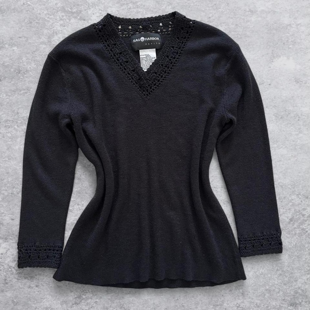Sag Harbor Petite Womens Black Crochet Trim V-Neck Knit Sweater PXS